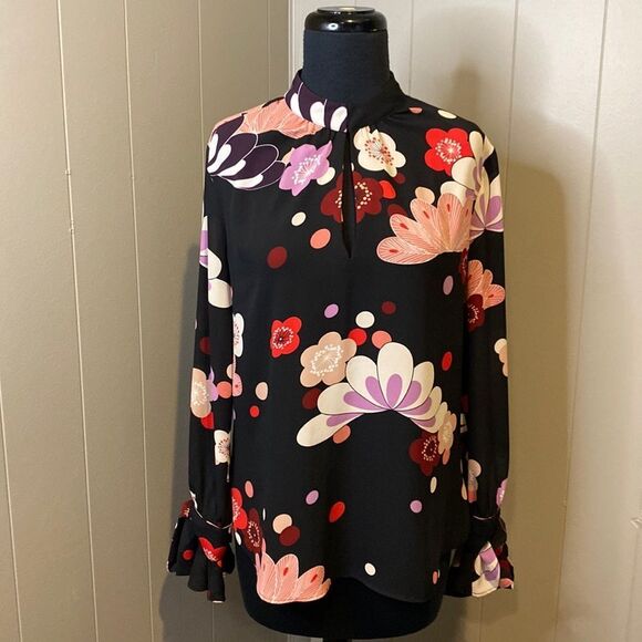 Ann Taylor Tops - Z Ann Taylor Women’s Small Blouse Floral Long Sleeve Neck Clasp Slit Cuff Ties